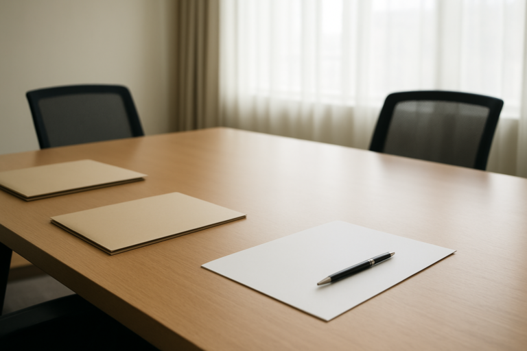 M&A企業を比較検討するための資料とペンが置かれた落ち着いた会議テーブル