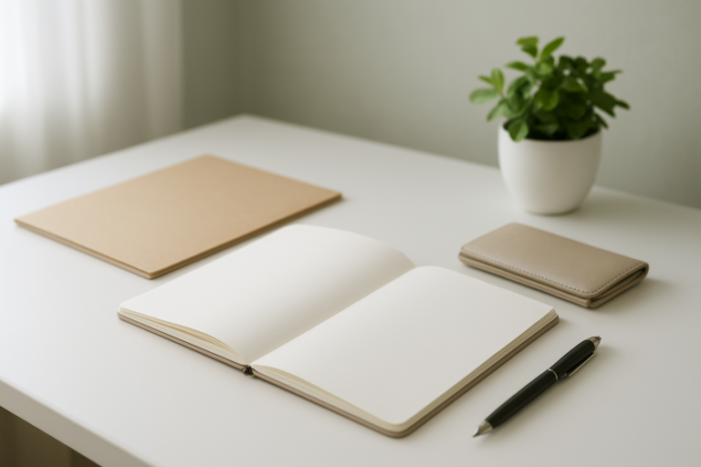 手取り60万円の生活レベルと家計を整理する無地ノートのイメージ