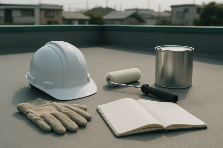 防水工を辞めたいと感じたときに安全用品と無地のノートで働き方を整理するイメージ