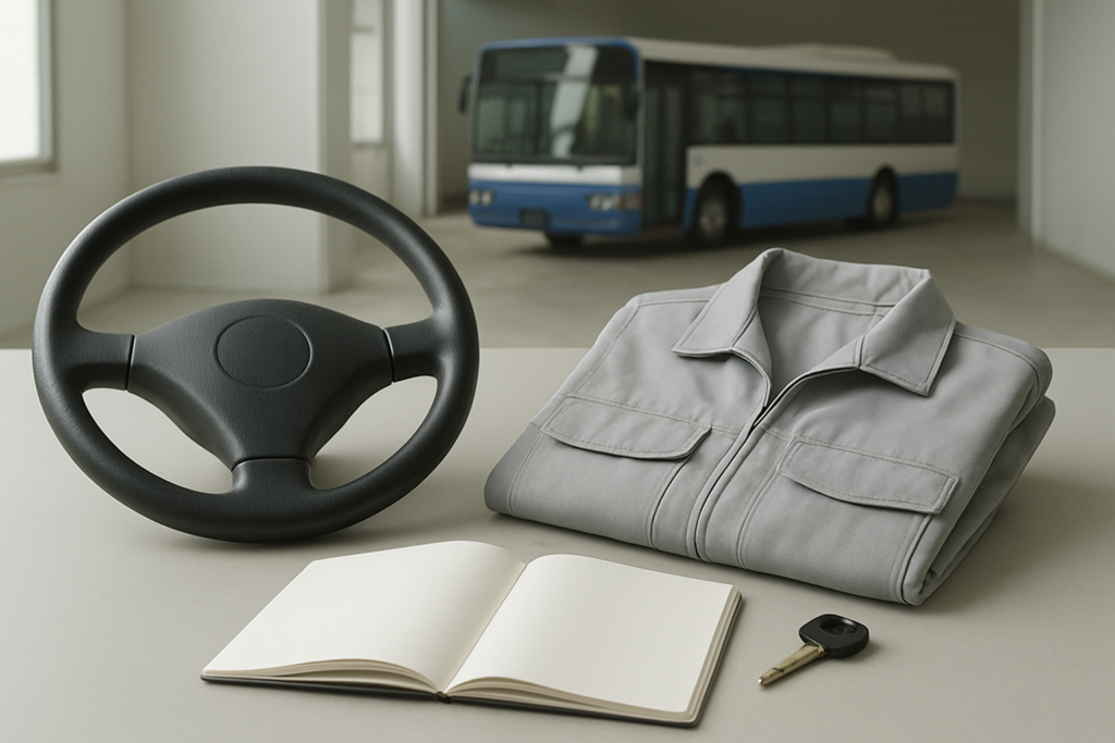 バス運転士の仕事や免許を無地のノートで整理するイメージ