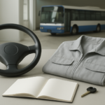 バス運転士の仕事や免許を無地のノートで整理するイメージ