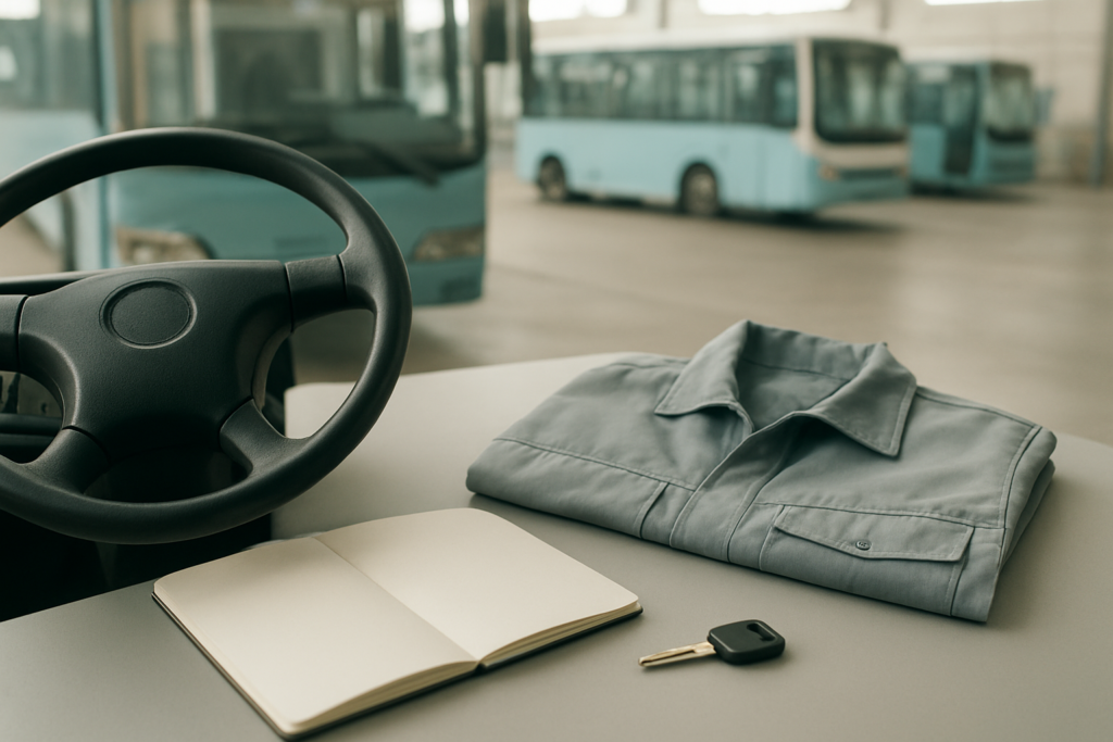 バス運転手に向いてないと感じたときに無地のノートで適性と職場条件を整理するイメージ