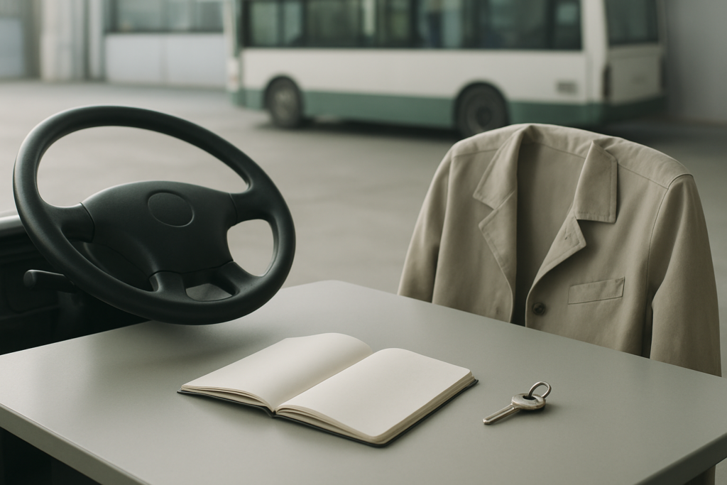 バス運転手を辞めたいと感じたときに無地のノートで働き方を整理するイメージ