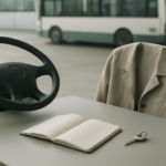 バス運転手を辞めたいと感じたときに無地のノートで働き方を整理するイメージ