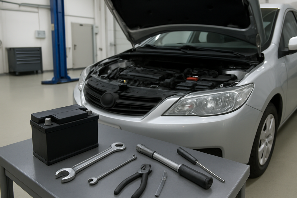 車のバッテリー点検と交換費用を確認する整備工場のイメージ