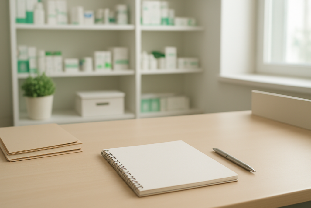 調剤薬局事務に向いてないと感じたときに適性と職場条件を無地のノートで整理するイメージ