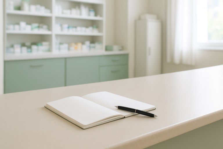 調剤薬局事務を辞めたいときに無地のノートで働き方を整理するイメージ