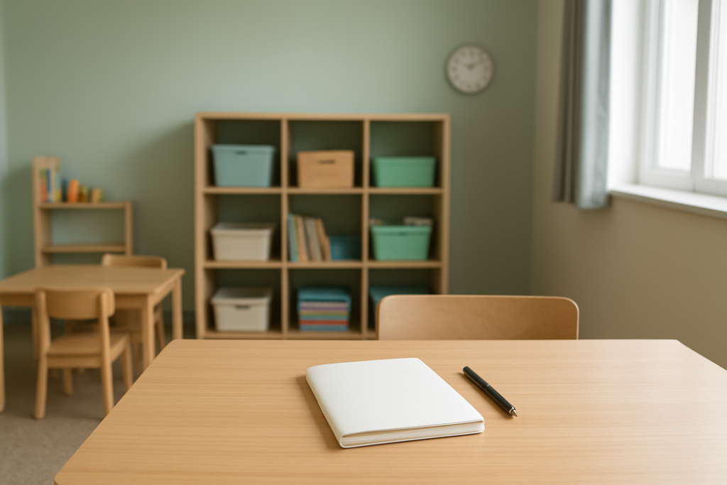 学童指導員がきついと感じたときに無地のノートで働き方を整理するイメージ