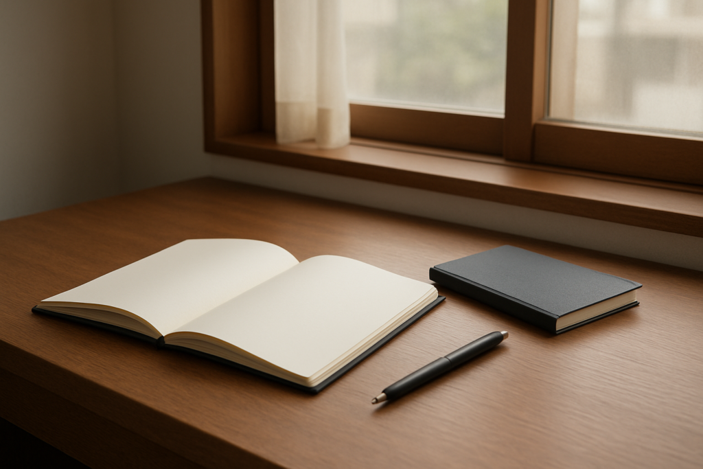 秘書を辞めたいと感じたときに無地のノートで働き方を整理するイメージ