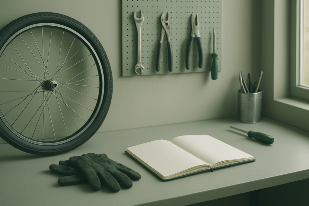 自転車整備士を辞めたいと感じたときに工具と無地のノートで働き方を整理するイメージ