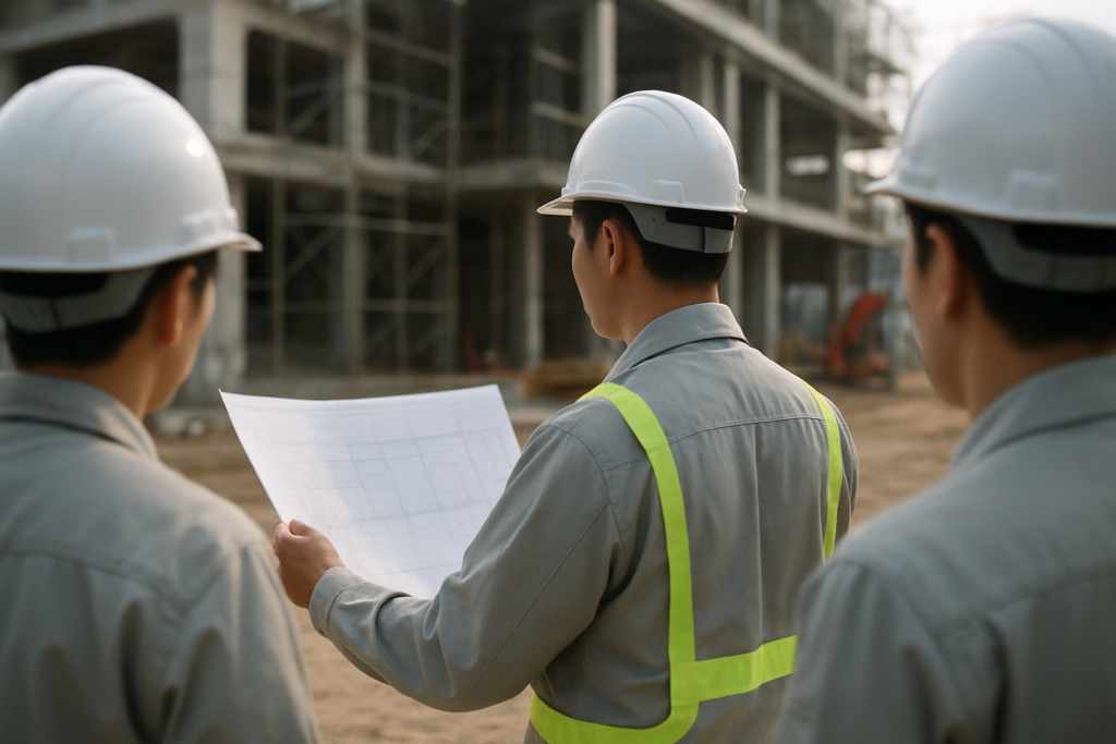 建設現場で図面を確認する施工管理担当者のイメージ