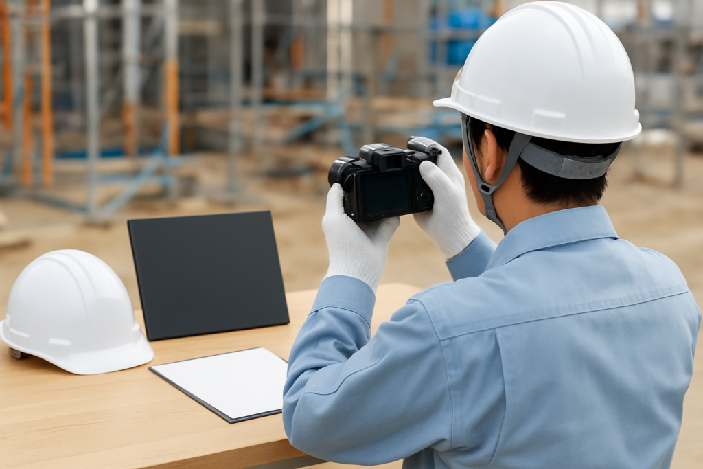 建設現場で工事写真の撮影手順を確認するイメージ
