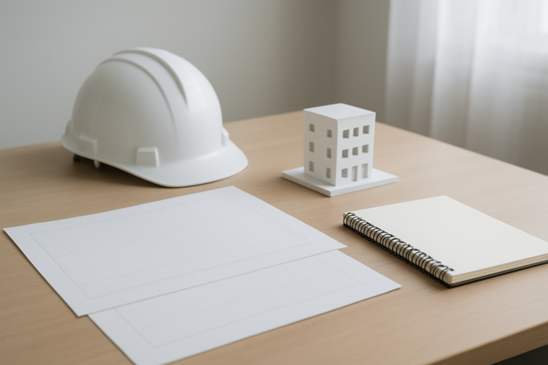 建設業界への応募準備として志望動機を整理する資料とヘルメット
