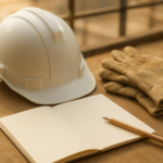建設作業員に向いてないと感じたときに安全用品と無地のノートで働き方を整理する静物イメージ