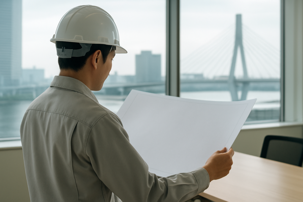 海外建設プロジェクトに向けて準備する建設技術者のイメージ