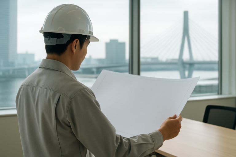 海外建設プロジェクトに向けて準備する建設技術者のイメージ