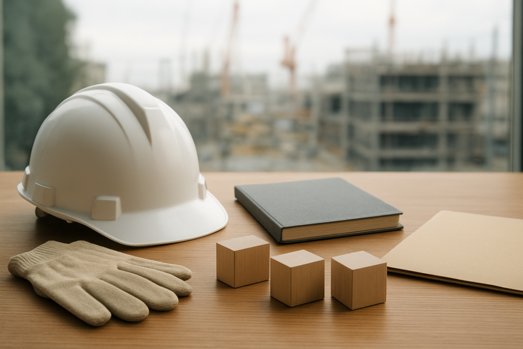 建設業の年収や求人条件を無地のノートと安全用品で確認するイメージ