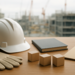 建設業の年収や求人条件を無地のノートと安全用品で確認するイメージ