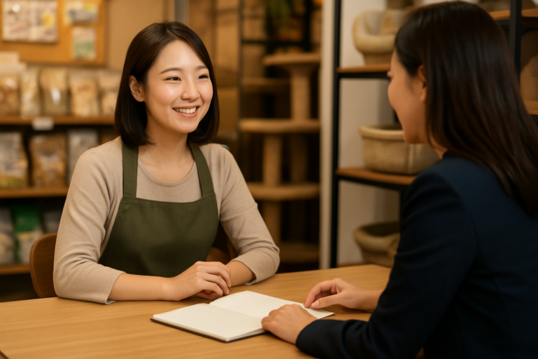 ペットショップ店員が辞めたい理由と次の働き方を相談しているイメージ