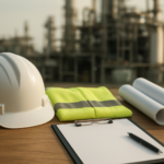 プラント施工管理のキャリアアップを安全用品と無地の資料で整理するイメージ