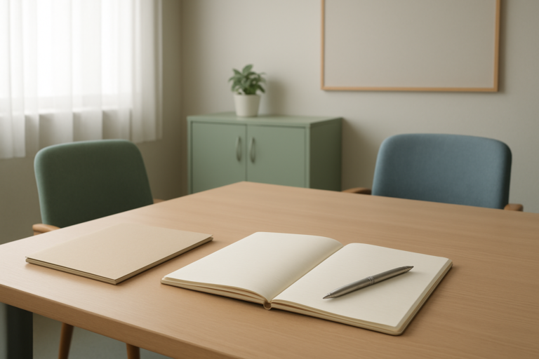 生活支援員がきついと感じたときに無地のノートで働き方を整理するイメージ