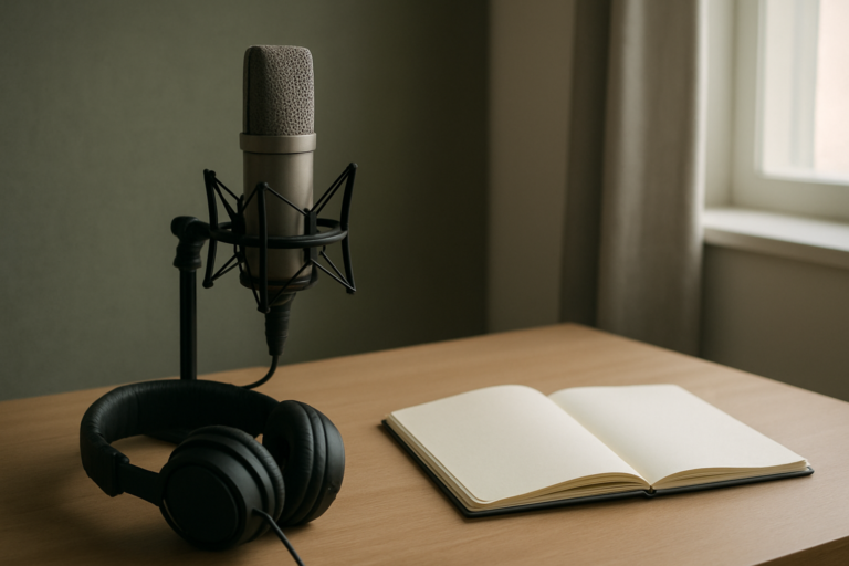 声優の仕事がきついと感じたときに録音機材と無地のノートで働き方を見直すイメージ