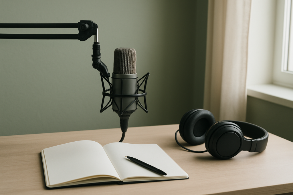 声優に向いてないと感じたときに録音機材と無地のノートで適性と働き方を整理するイメージ