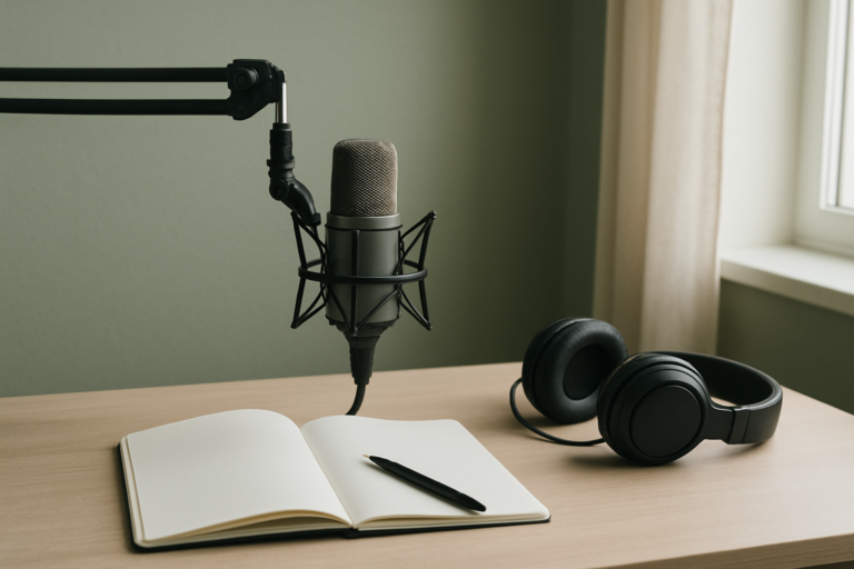 声優に向いてないと感じたときに録音機材と無地のノートで適性と働き方を整理するイメージ