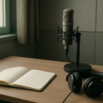 声優を辞めたいときに無地のノートと録音機材で選択肢を整理するイメージ