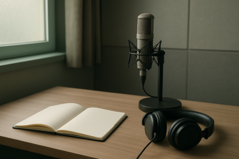 声優を辞めたいときに無地のノートと録音機材で選択肢を整理するイメージ