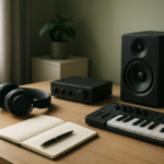 サウンドクリエイターを辞めたいときに無地の作業机で選択肢を整理するイメージ