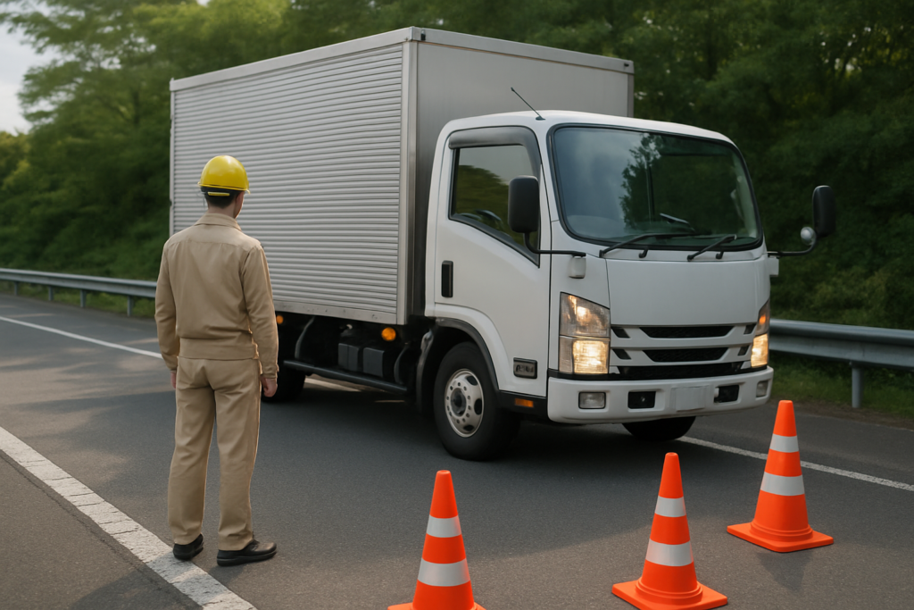 トラックの事故時対応を落ち着いて確認するドライバーと管理者のイメージ