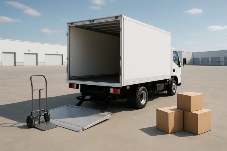 パワーゲート付きトラックの仕組みと安全な荷役を確認するイメージ