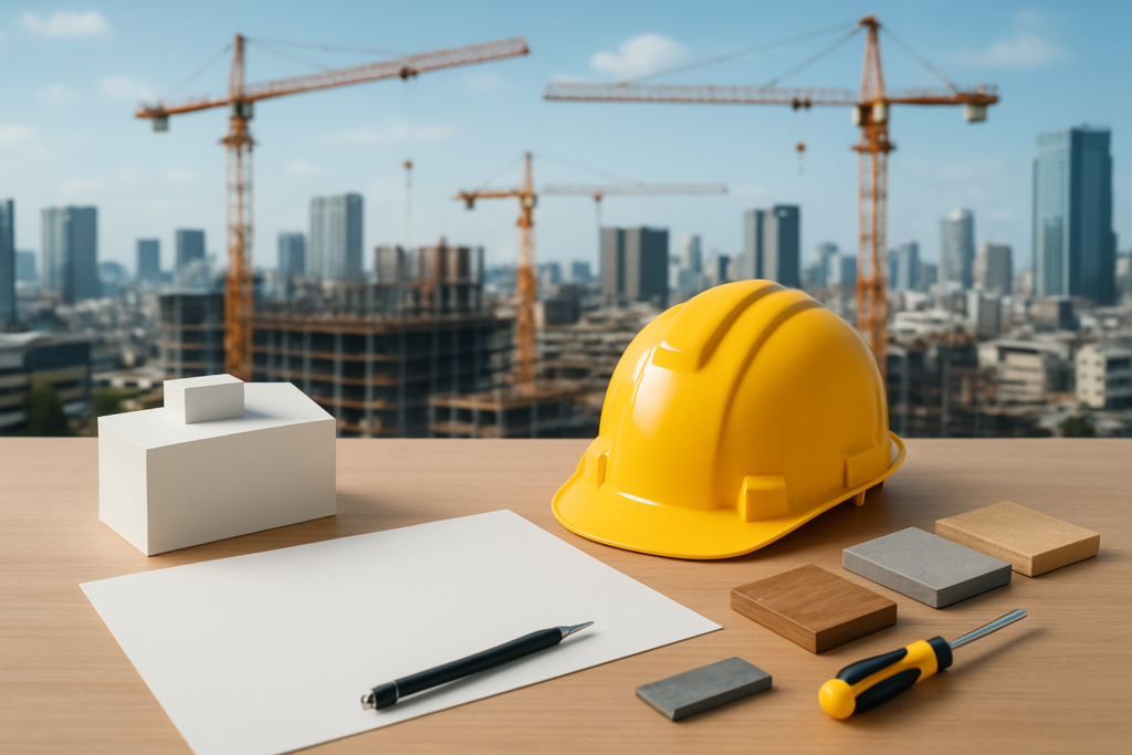 ゼネコンランキングと建設業界の会社比較をイメージした建築模型と現場用品のビジュアル