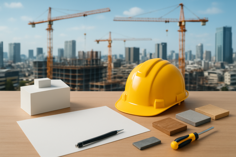 ゼネコンランキングと建設業界の会社比較をイメージした建築模型と現場用品のビジュアル