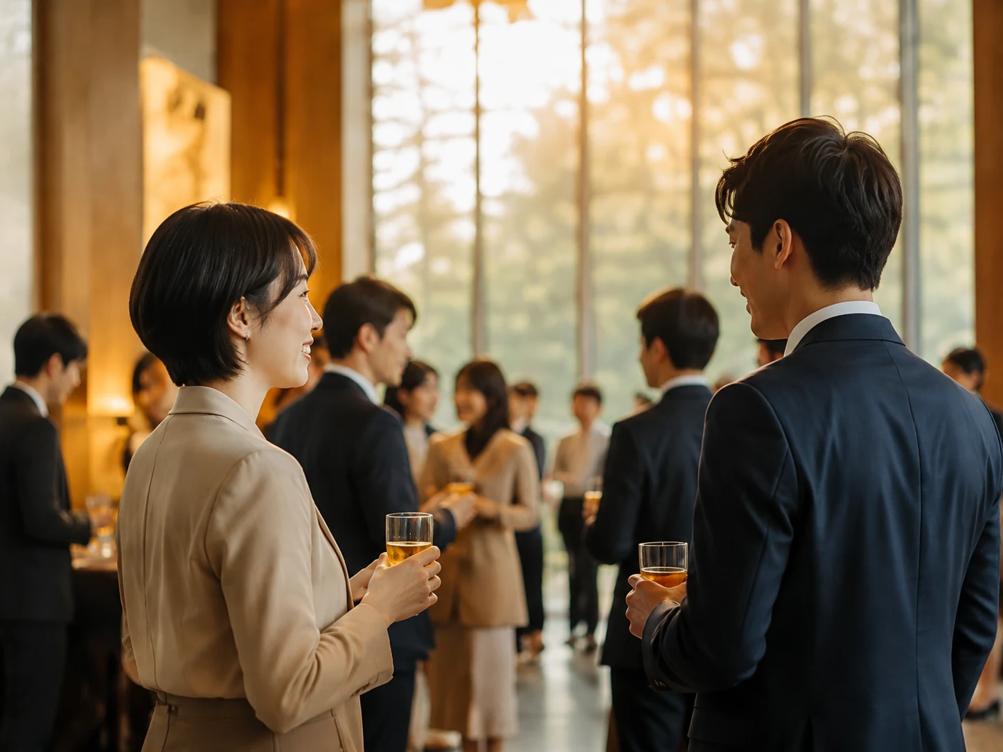 交流の場で会話を楽しむビジネスパーソンのイメージ