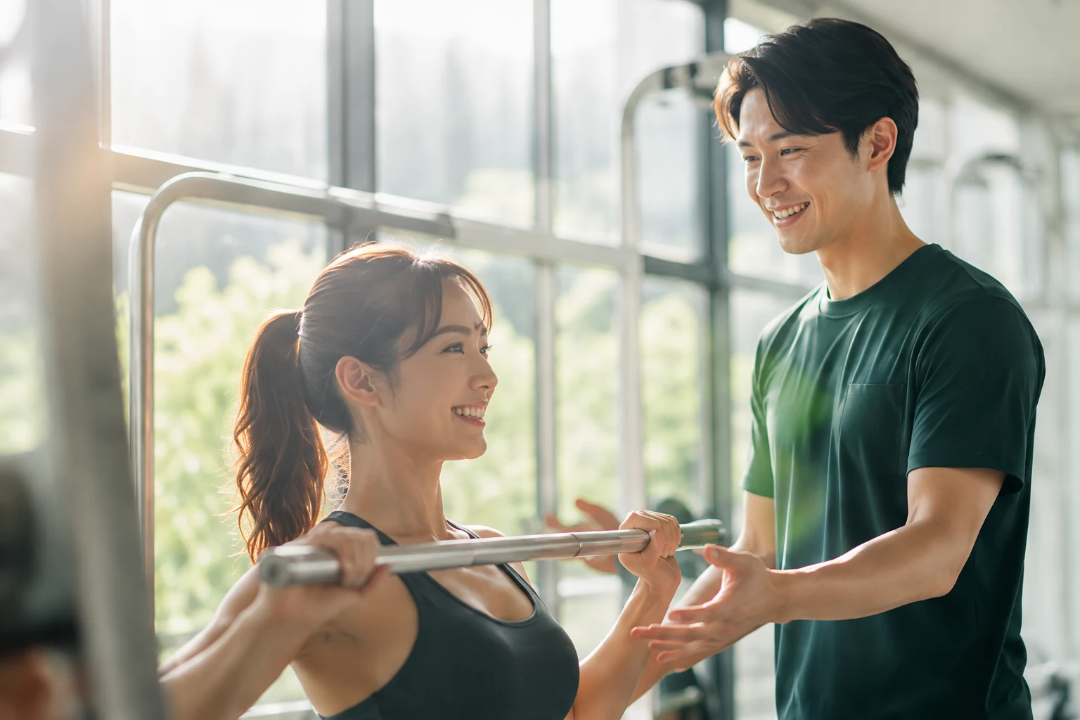 トレーナーと一緒に運動に取り組む女性のイメージ