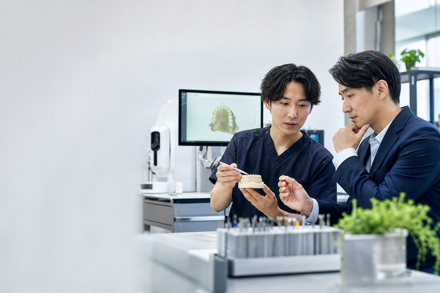 歯科技工所で歯科技工士と採用担当者がCADと補綴物を確認する様子