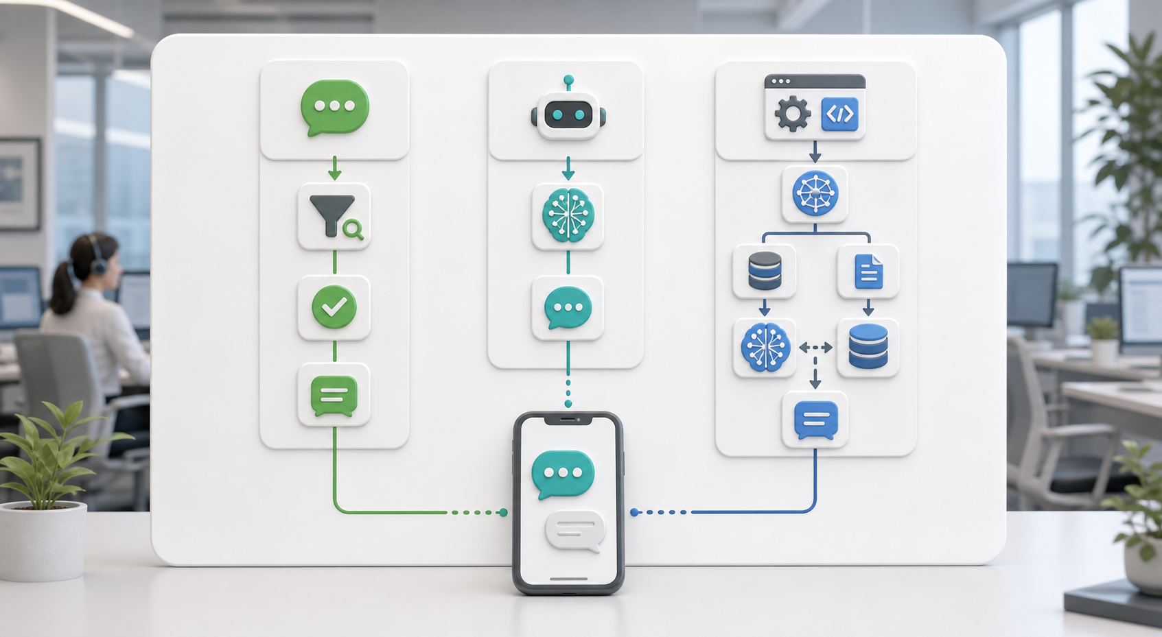 応答メッセージとAIチャットボットとMessaging API連携を比較するイメージ