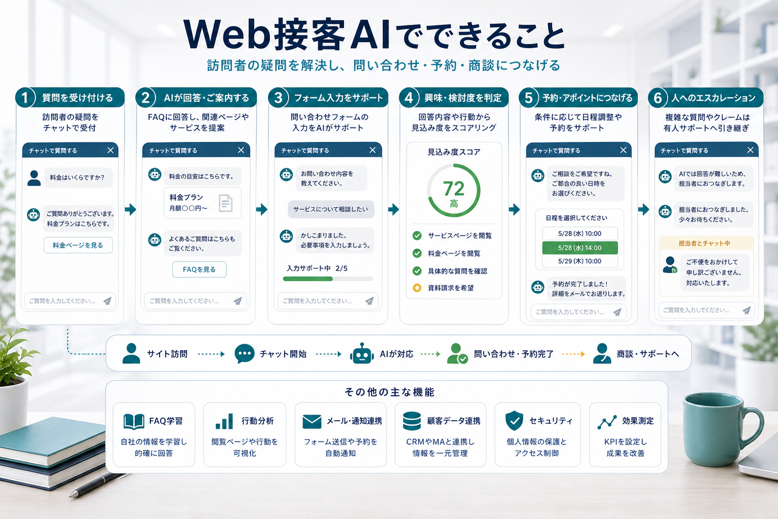 Web接客AIが訪問者の質問に答えて資料請求や問い合わせへ案内する流れ