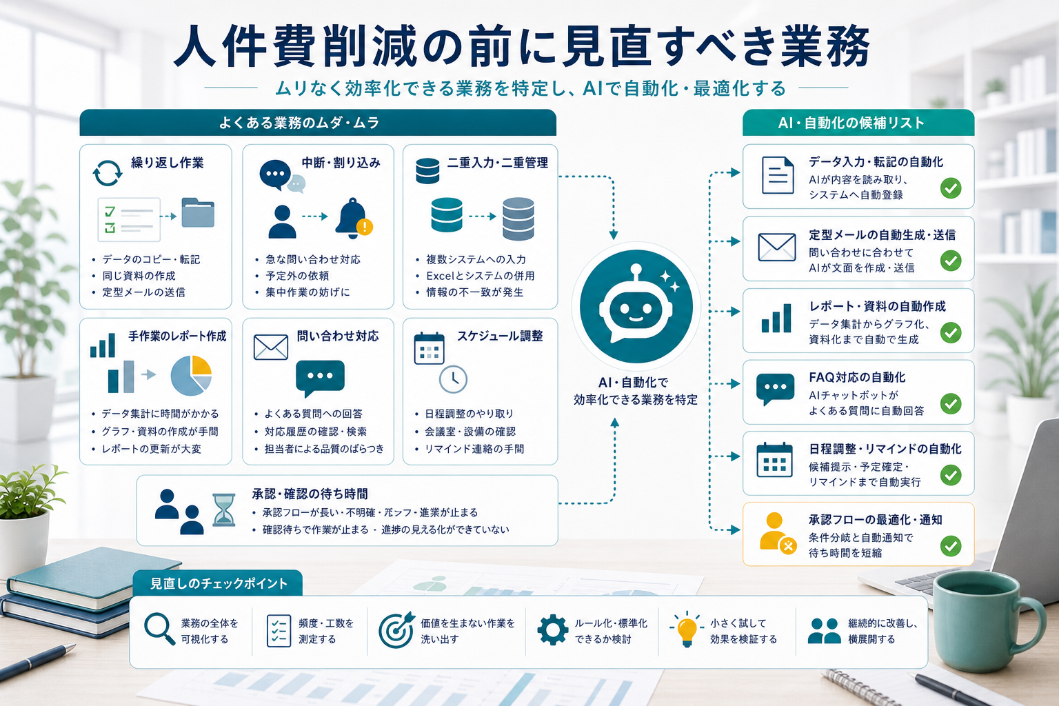 人件費削減の前に定型業務や手作業を見直してAI化候補を整理する図
