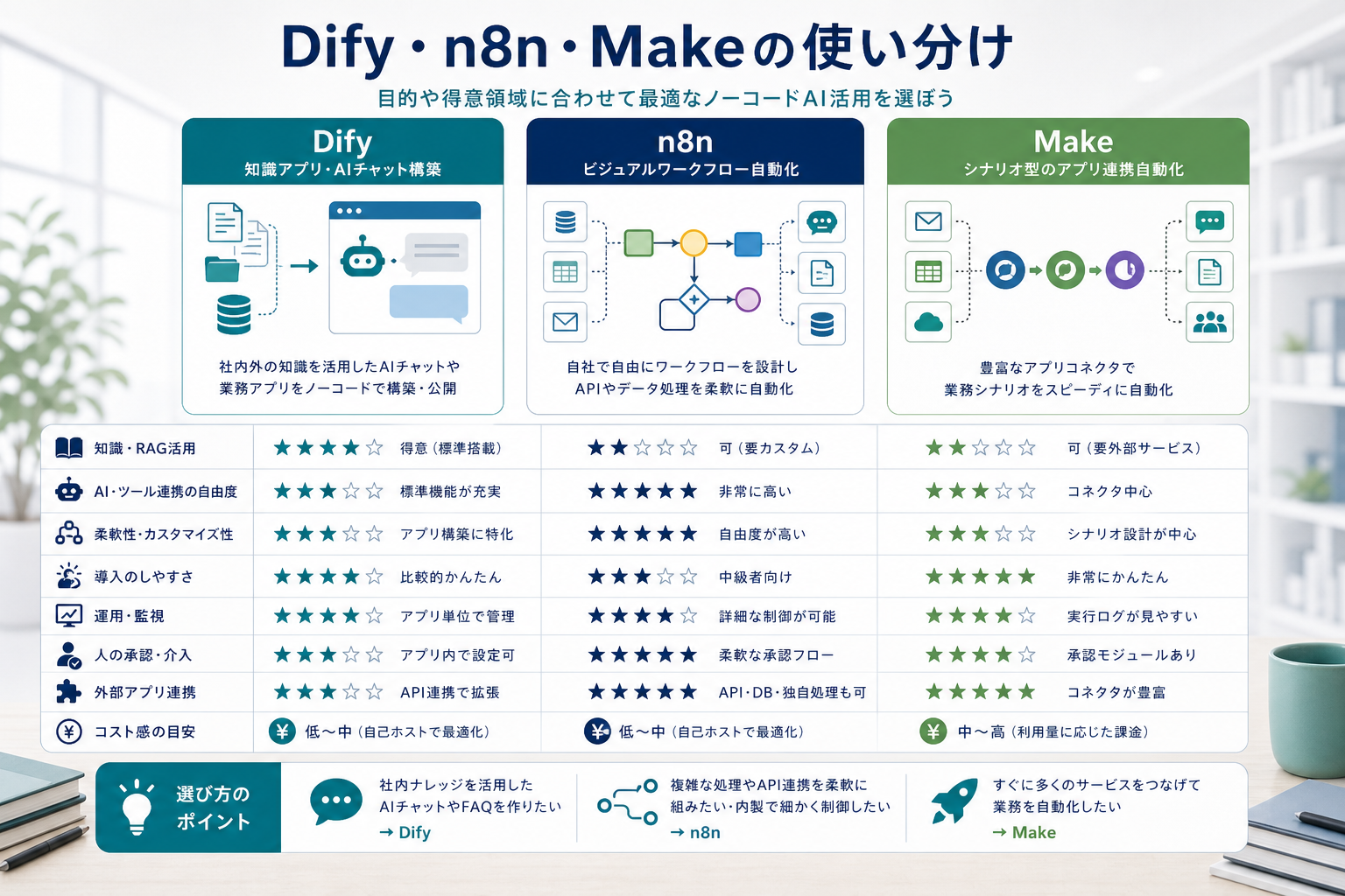 Difyとn8nとMakeの特徴や向き不向きを比較するイメージ
