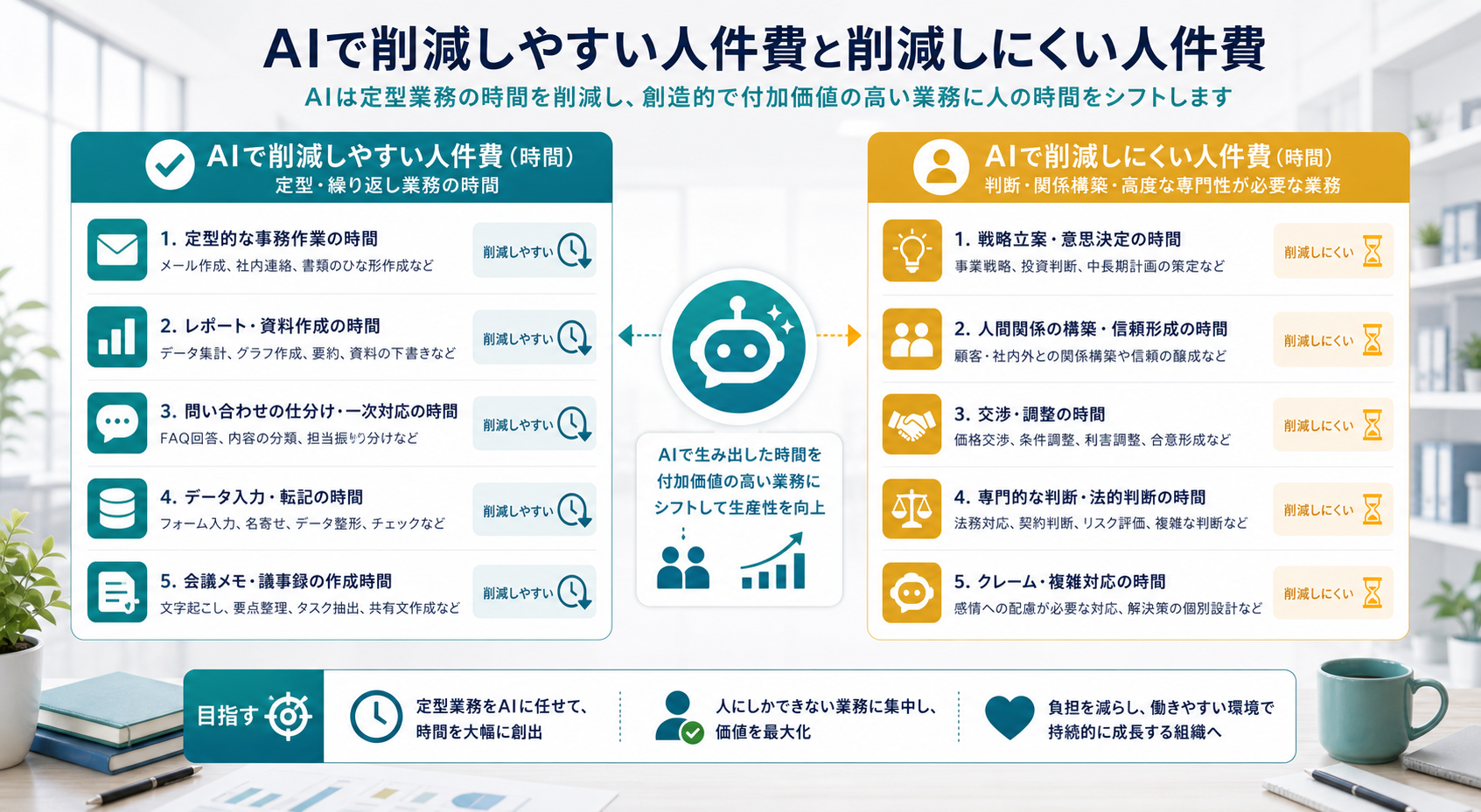 AIで削減しやすい定型作業時間と人が担うべき判断業務を比較する図