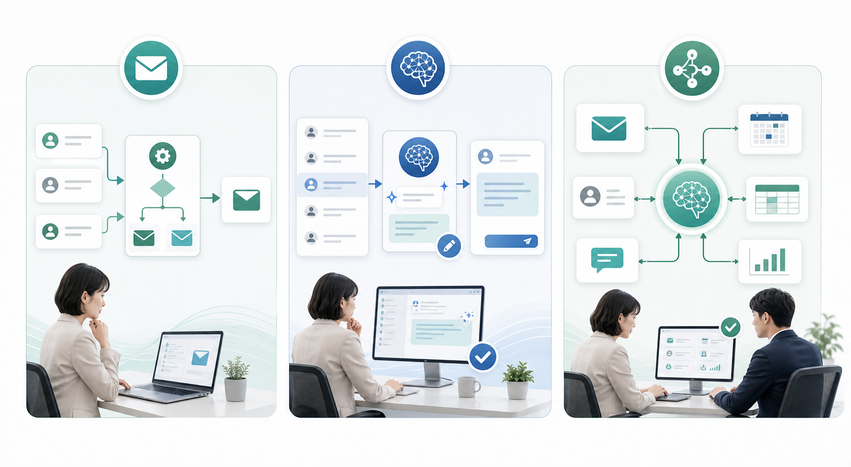 自動返信とメール返信AIとAIエージェントの違いを比較するイメージ