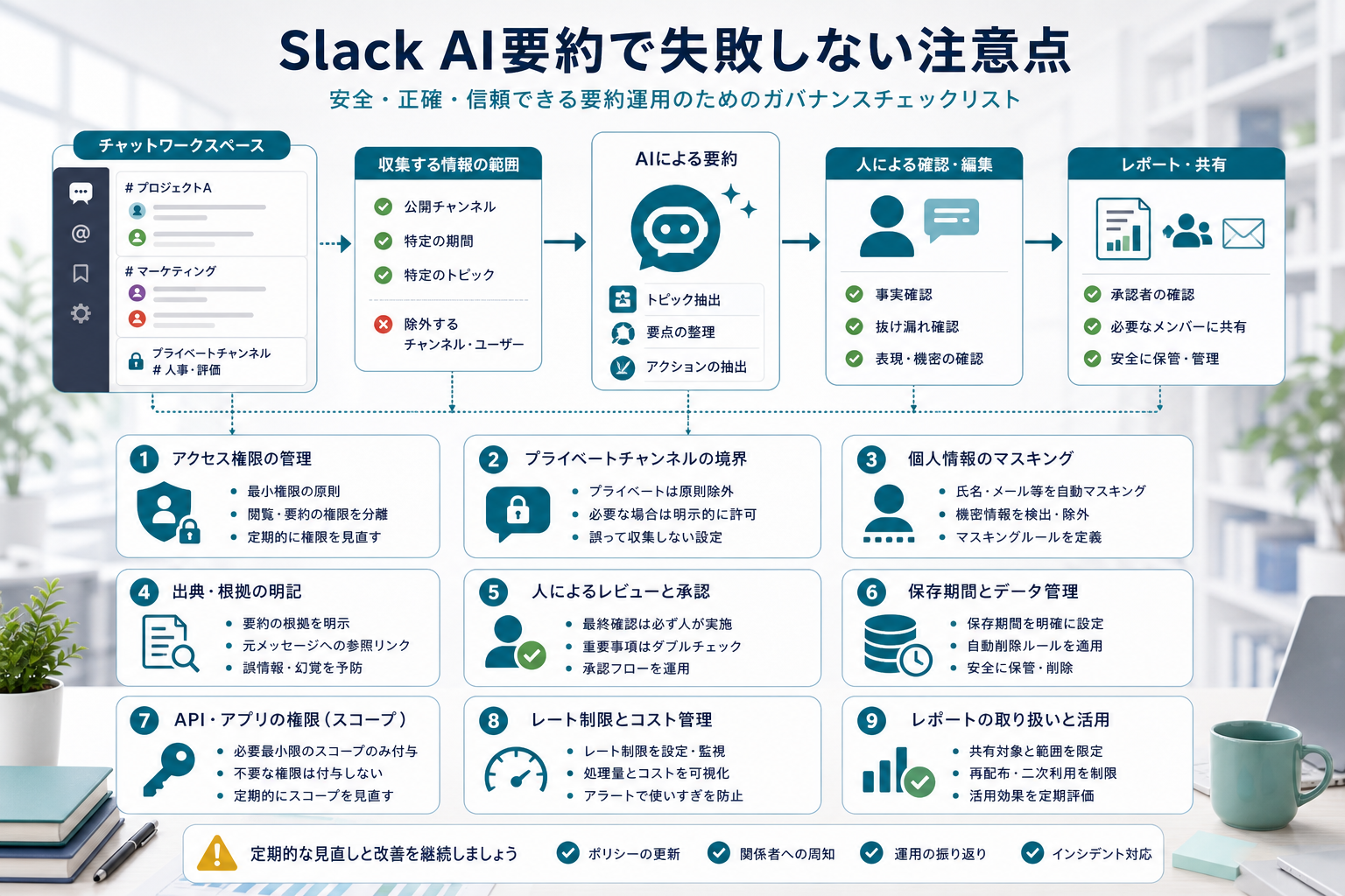 Slack AI要約の権限や個人情報や承認やログ管理を確認するチェック項目