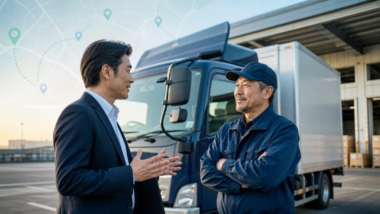 物流拠点で採用担当者とドライバーが採用条件について話している様子