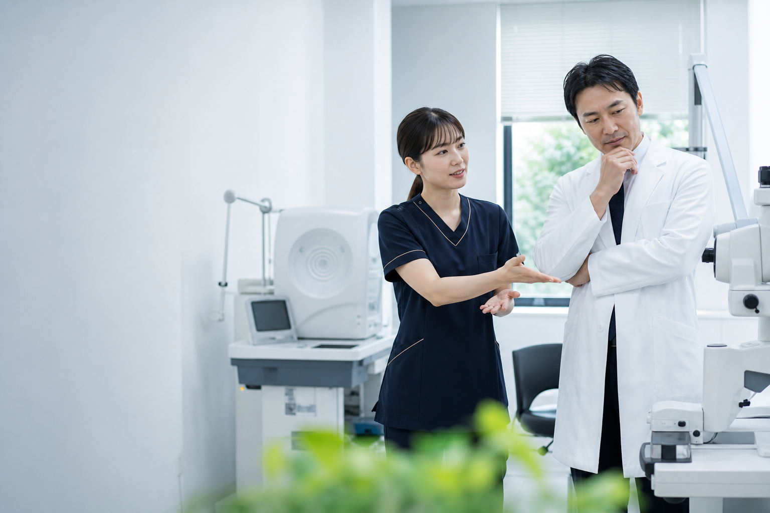 眼科クリニックで視能訓練士と医師が検査体制について相談する様子
