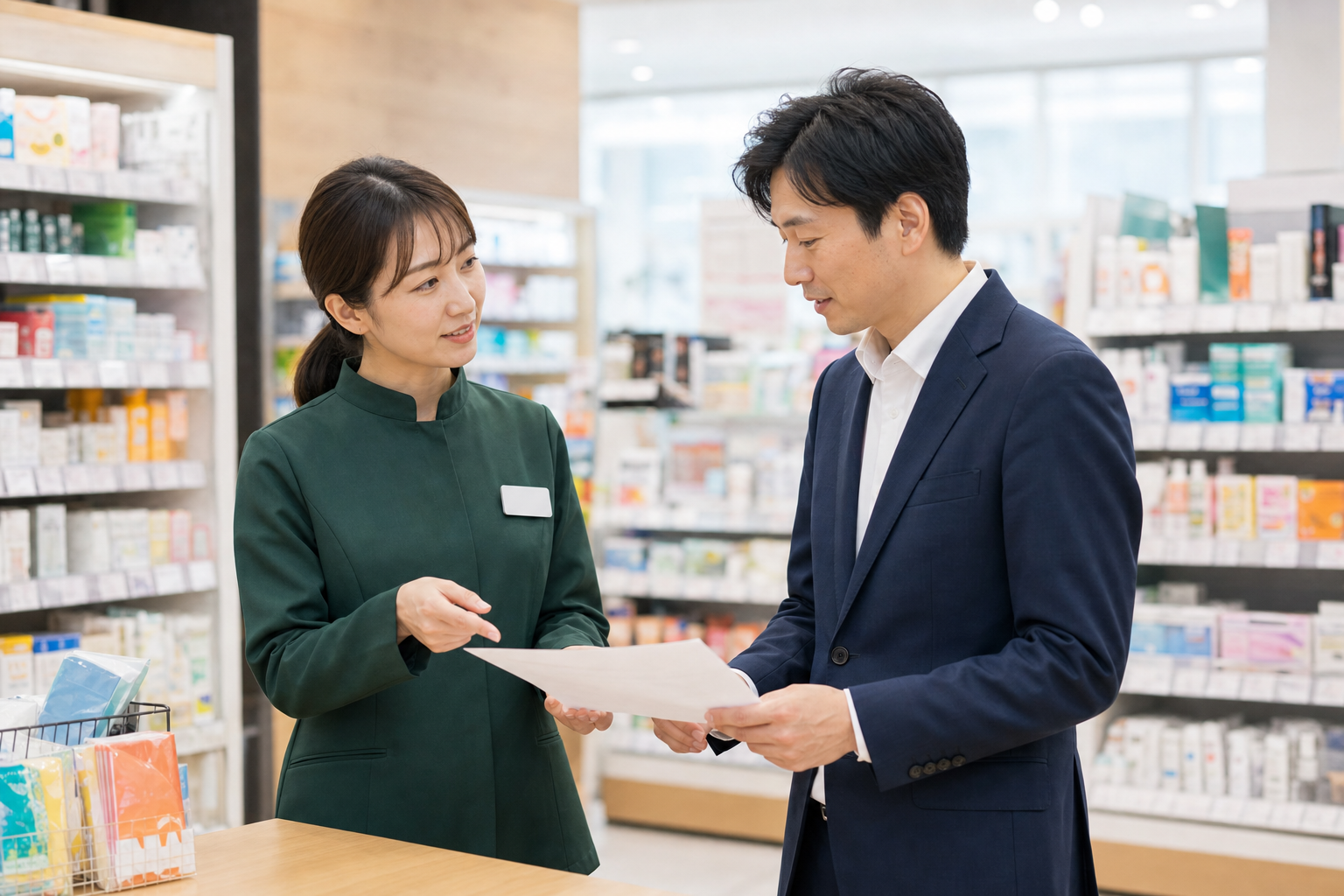 ドラッグストアの医薬品売場で登録販売者と採用担当者が採用条件を確認する様子