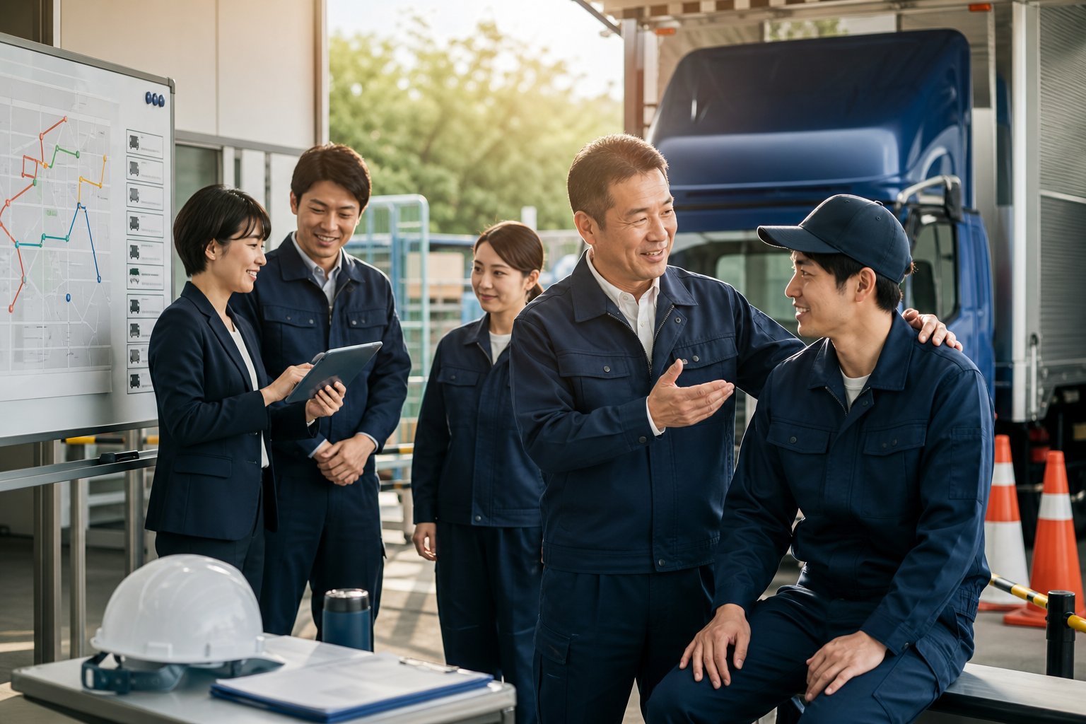 経験者が新しく入社したドライバーを現場で支援しているイメージ